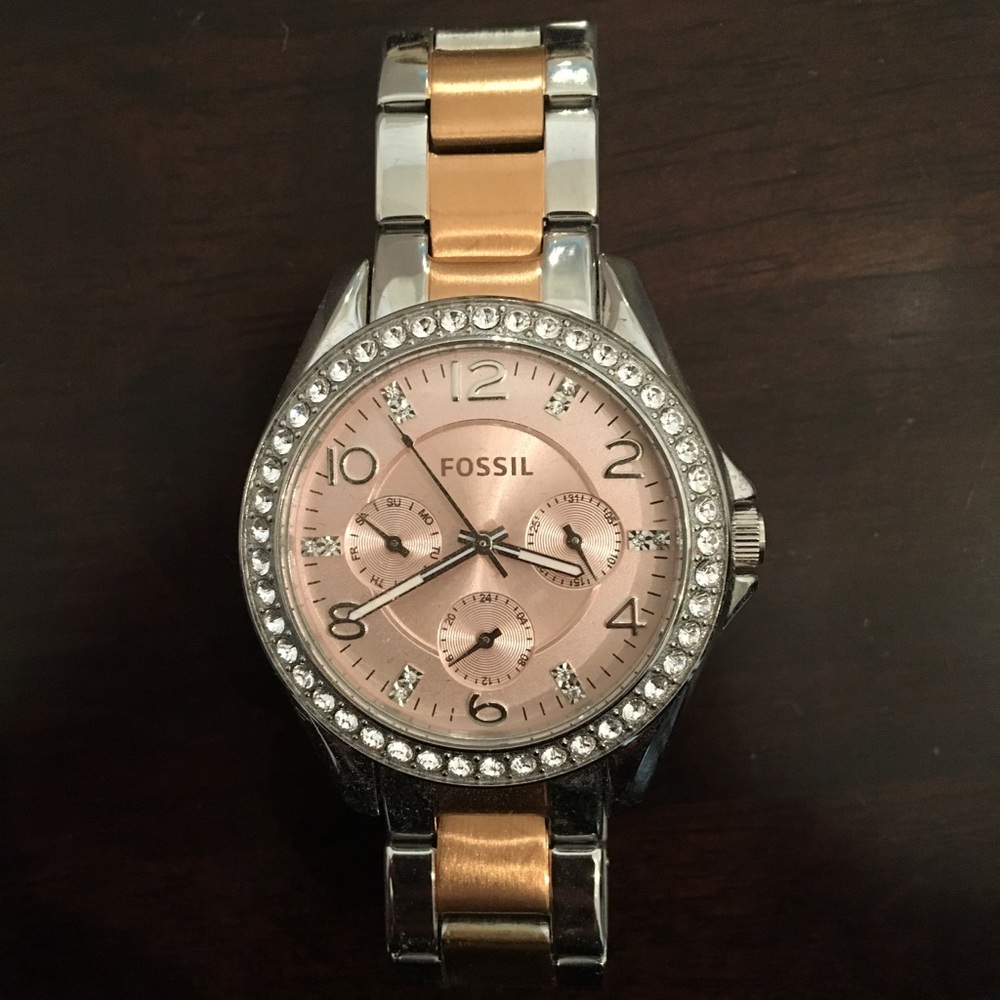 fossil two tone silver and rose gold watch